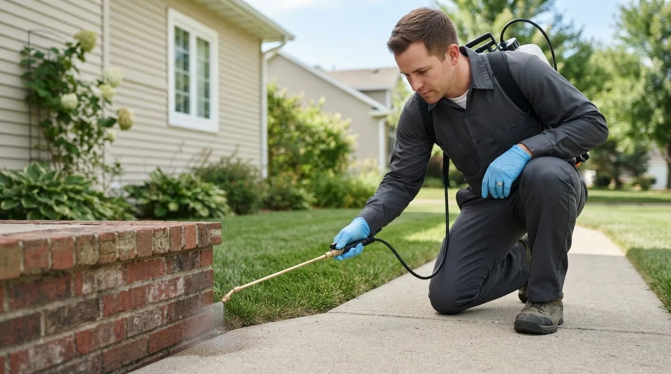Pest control technician treating a home near Watford City, ND